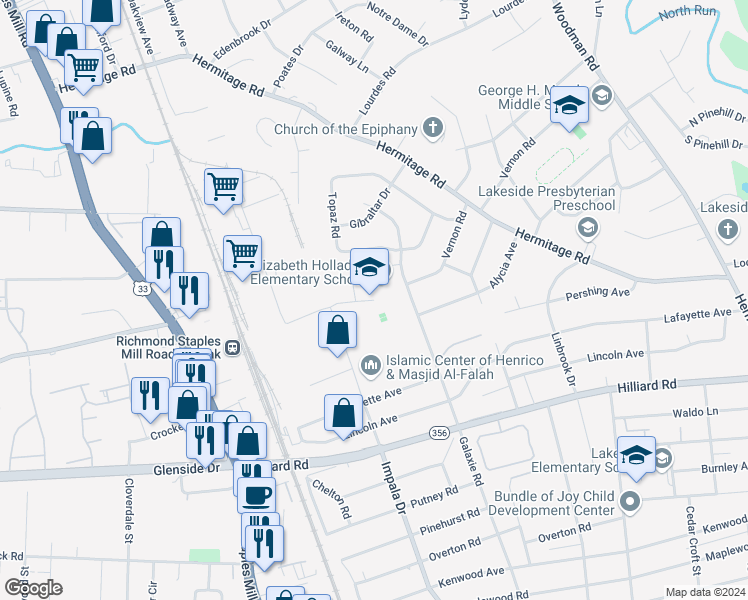 map of restaurants, bars, coffee shops, grocery stores, and more near 7300 Galaxie Road in Richmond