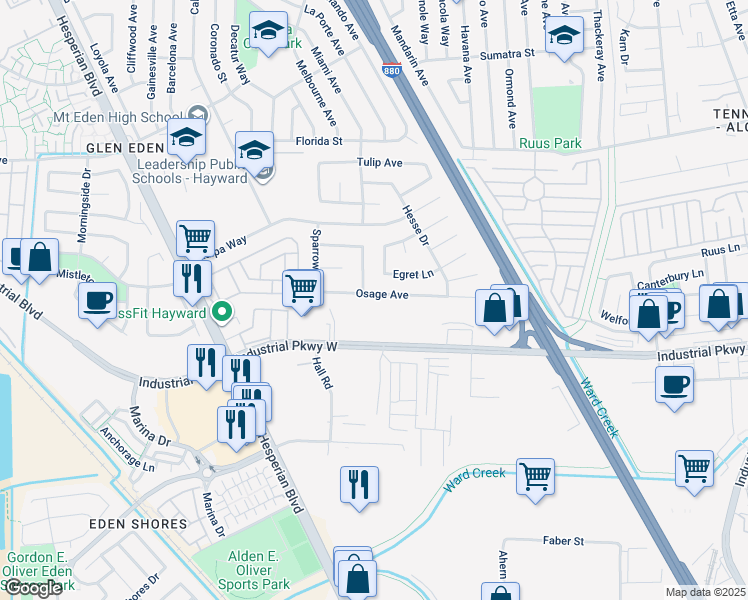 map of restaurants, bars, coffee shops, grocery stores, and more near 1916 Osage Avenue in Hayward