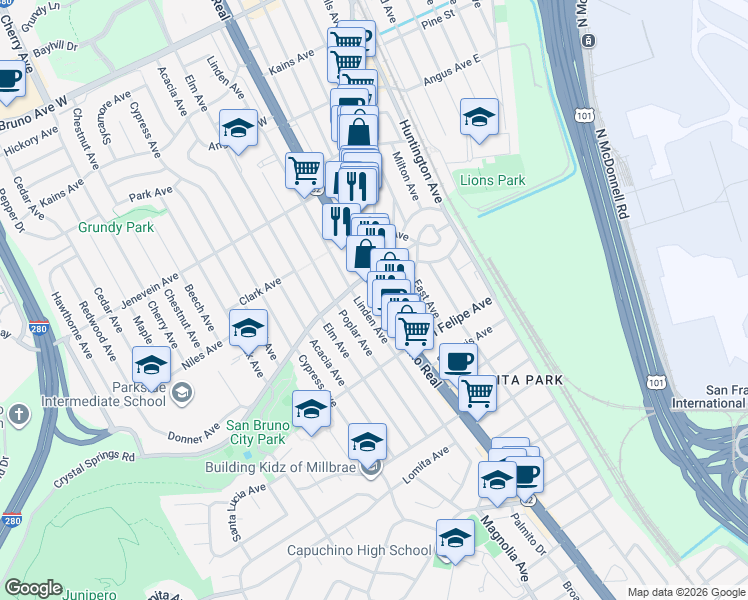 map of restaurants, bars, coffee shops, grocery stores, and more near 293 California 82 in San Bruno