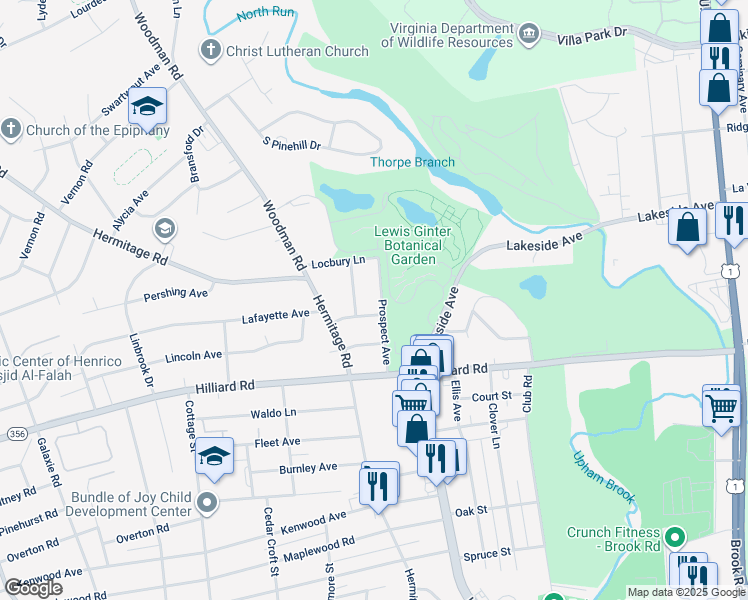 map of restaurants, bars, coffee shops, grocery stores, and more near 7204 Prospect Avenue in Richmond
