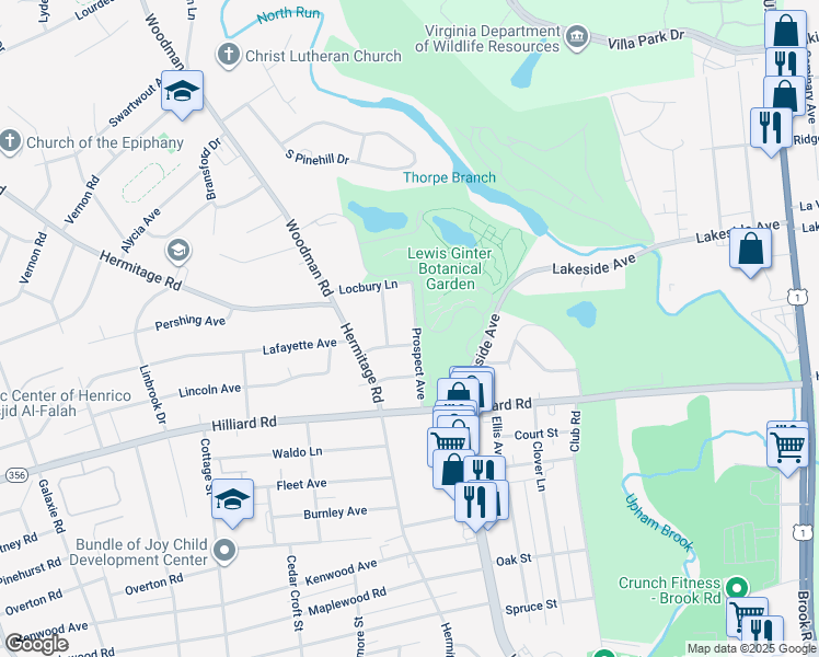 map of restaurants, bars, coffee shops, grocery stores, and more near 7204 Prospect Avenue in Richmond