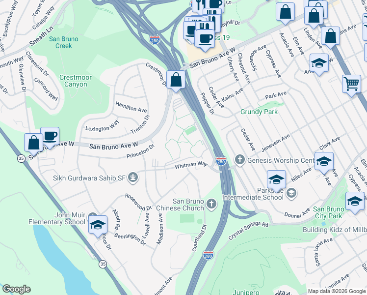 map of restaurants, bars, coffee shops, grocery stores, and more near 5202 Shelter Creek Lane in San Bruno