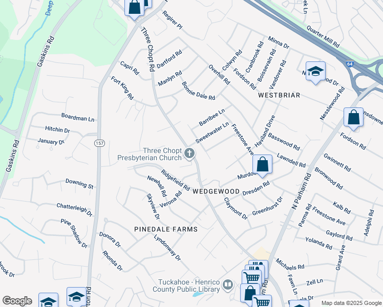 map of restaurants, bars, coffee shops, grocery stores, and more near 9324 Three Chopt Road in Henrico