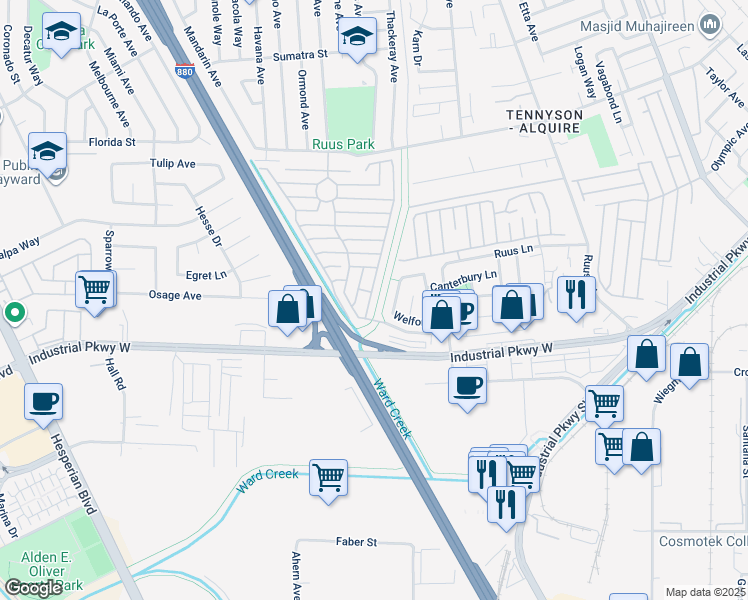 map of restaurants, bars, coffee shops, grocery stores, and more near 28882 Miranda Street in Hayward