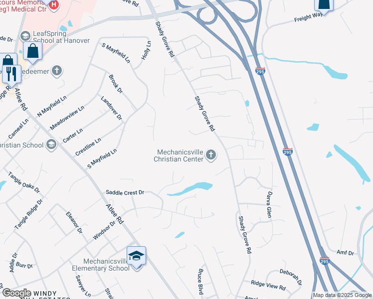 map of restaurants, bars, coffee shops, grocery stores, and more near 8043 Shady Knoll Lane in Mechanicsville