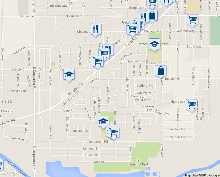 map of restaurants, bars, coffee shops, grocery stores, and more near 719 Walnut Way in Modesto