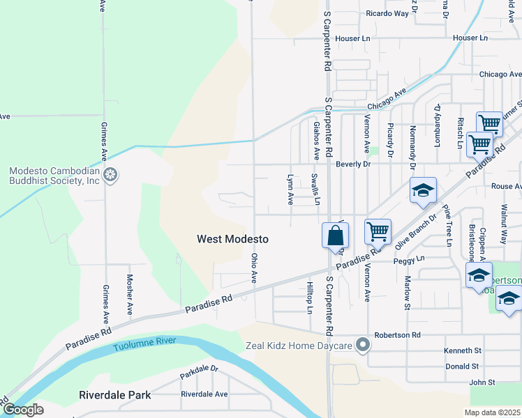 map of restaurants, bars, coffee shops, grocery stores, and more near 1535 Ohio Avenue in Modesto