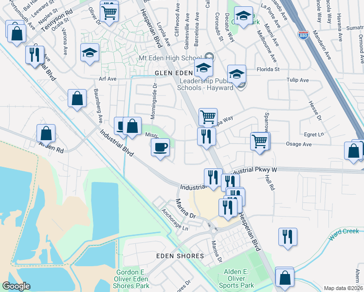 map of restaurants, bars, coffee shops, grocery stores, and more near 2563 Tahoe Avenue in Hayward