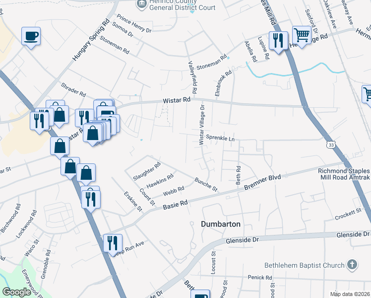 map of restaurants, bars, coffee shops, grocery stores, and more near 4611 Sprenkle Lane in Henrico
