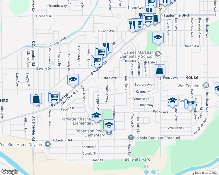 map of restaurants, bars, coffee shops, grocery stores, and more near 732 Walnut Way in Modesto