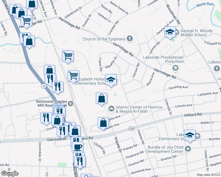 map of restaurants, bars, coffee shops, grocery stores, and more near 7300 Galaxie Road in Richmond