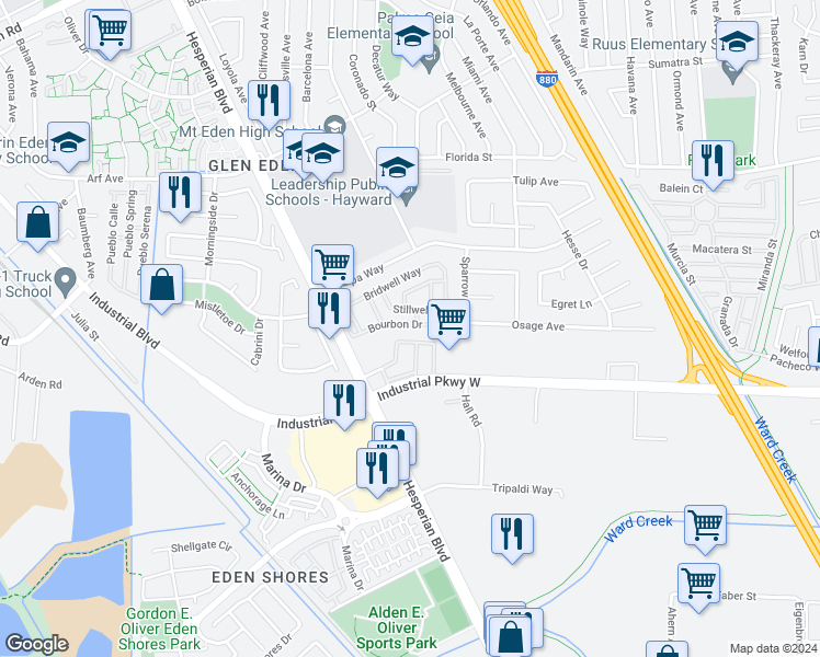 map of restaurants, bars, coffee shops, grocery stores, and more near 2284 Bourbon Drive in Hayward