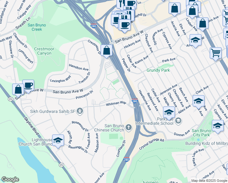 map of restaurants, bars, coffee shops, grocery stores, and more near 5344 Shelter Creek Lane in San Bruno
