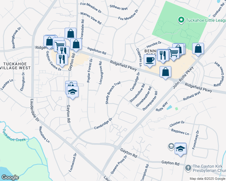 map of restaurants, bars, coffee shops, grocery stores, and more near 2011 Shady Branch Trail in Richmond
