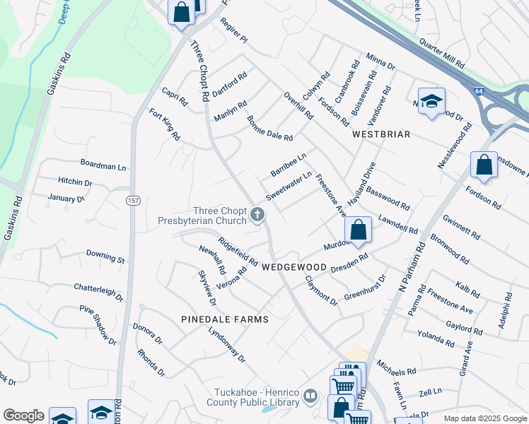 map of restaurants, bars, coffee shops, grocery stores, and more near 9324 Three Chopt Road in Henrico