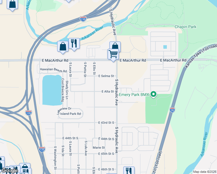 map of restaurants, bars, coffee shops, grocery stores, and more near 1629 East Selma Street in Wichita