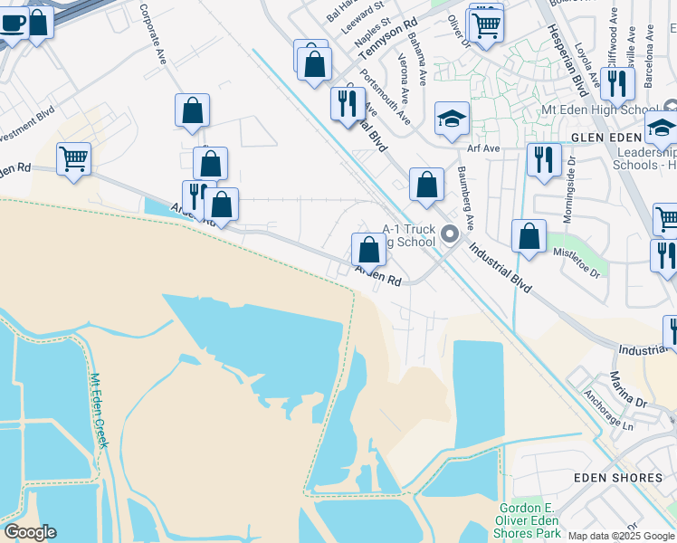 map of restaurants, bars, coffee shops, grocery stores, and more near 3286 Arden Road in Hayward