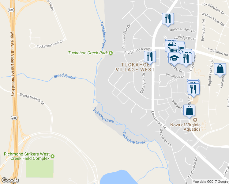 map of restaurants, bars, coffee shops, grocery stores, and more near 2207 Ashcreek Drive in Richmond