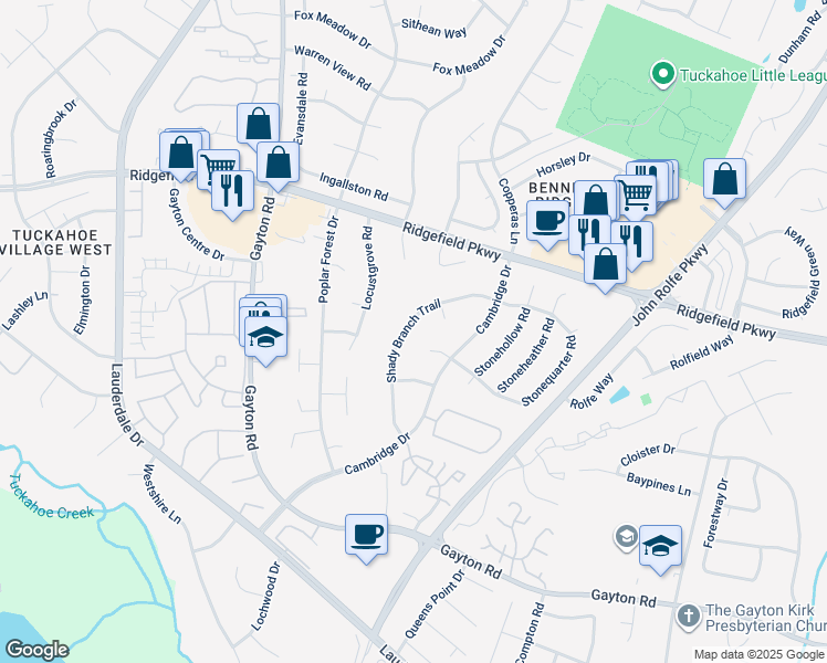 map of restaurants, bars, coffee shops, grocery stores, and more near 2011 Shady Branch Trail in Richmond