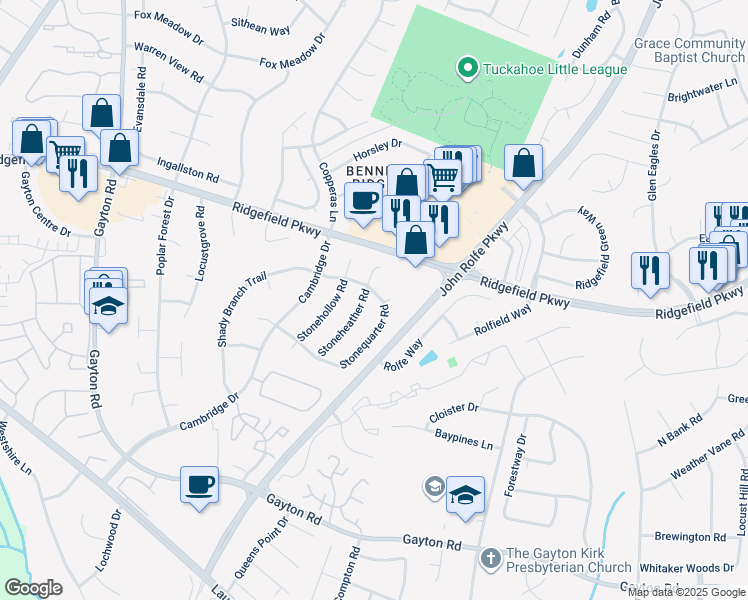 map of restaurants, bars, coffee shops, grocery stores, and more near 2004 Stonequarter Road in Henrico