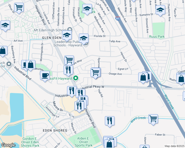 map of restaurants, bars, coffee shops, grocery stores, and more near 2284 Bourbon Drive in Hayward
