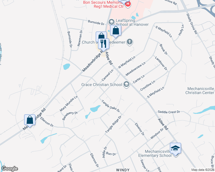 map of restaurants, bars, coffee shops, grocery stores, and more near 8287 Carneal Lane in Mechanicsville