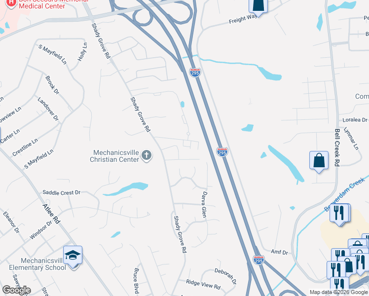 map of restaurants, bars, coffee shops, grocery stores, and more near 7687 Lloyd Terrace in Mechanicsville