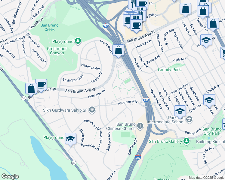 map of restaurants, bars, coffee shops, grocery stores, and more near 8129 Shelter Creek Lane in San Bruno