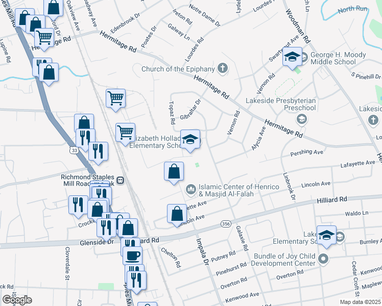 map of restaurants, bars, coffee shops, grocery stores, and more near 7107 Galax Road in Richmond