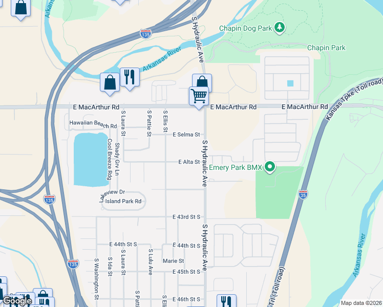 map of restaurants, bars, coffee shops, grocery stores, and more near 1629 East Selma Street in Wichita