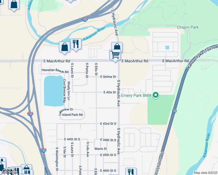 map of restaurants, bars, coffee shops, grocery stores, and more near 1629 East Selma Street in Wichita