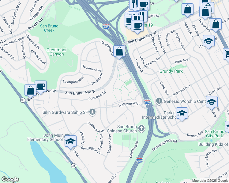 map of restaurants, bars, coffee shops, grocery stores, and more near 6227 Shelter Creek Lane in San Bruno