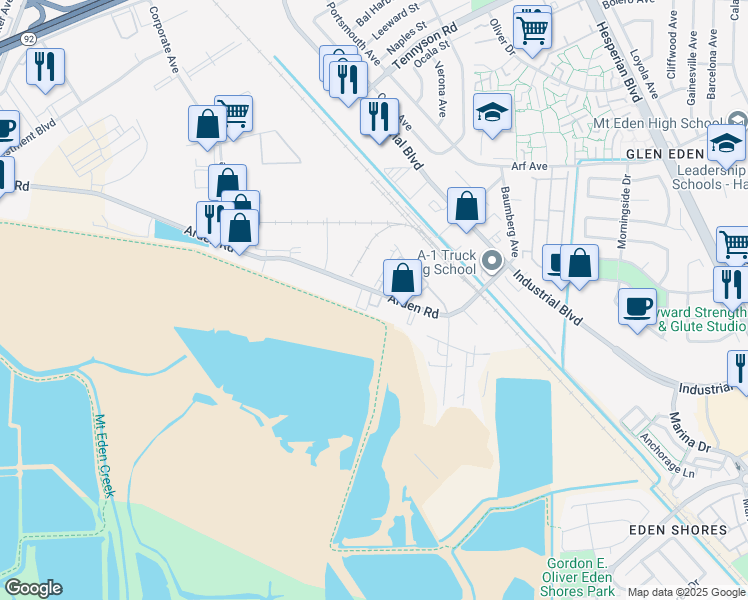 map of restaurants, bars, coffee shops, grocery stores, and more near 3286 Arden Road in Hayward