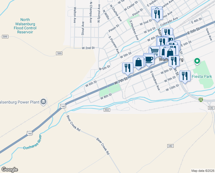 map of restaurants, bars, coffee shops, grocery stores, and more near 699 West 7th Street in Walsenburg
