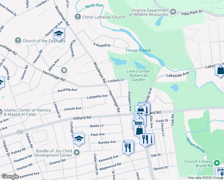 map of restaurants, bars, coffee shops, grocery stores, and more near 7215 Hermitage Road in Richmond