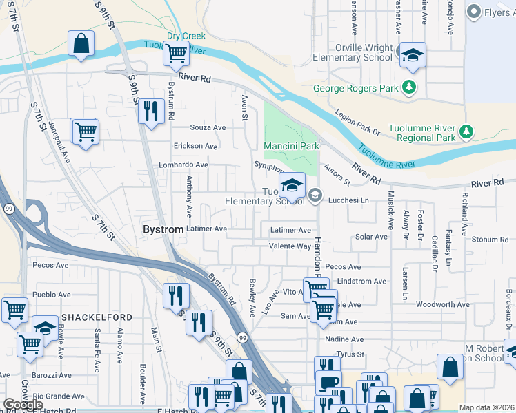 map of restaurants, bars, coffee shops, grocery stores, and more near 701 Avon Street in Modesto