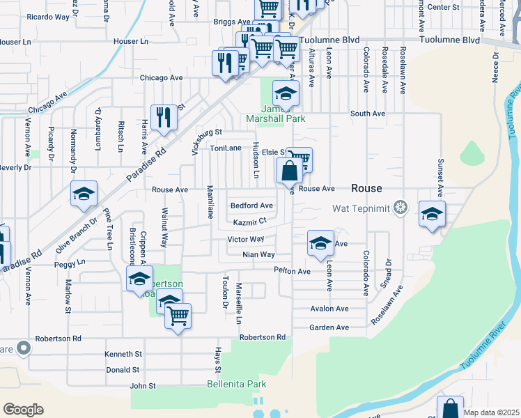 map of restaurants, bars, coffee shops, grocery stores, and more near 1546 Bedford Avenue in Modesto