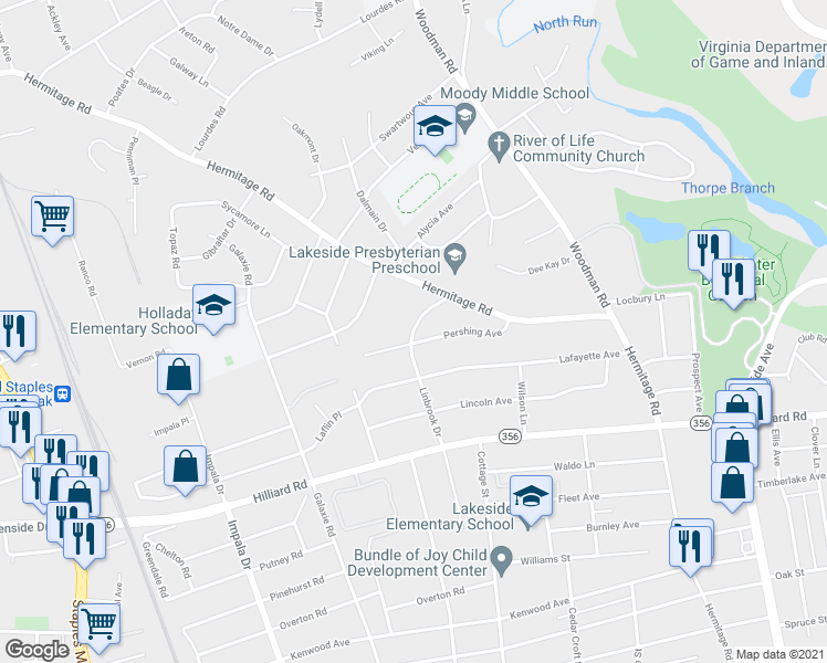 map of restaurants, bars, coffee shops, grocery stores, and more near 2623 Linbrook Drive in Henrico