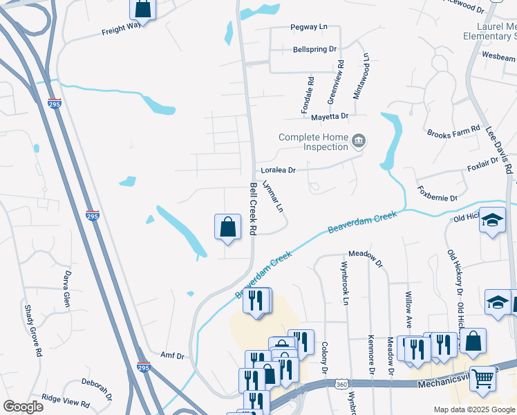 map of restaurants, bars, coffee shops, grocery stores, and more near 8058 Bell Creek Road in Mechanicsville