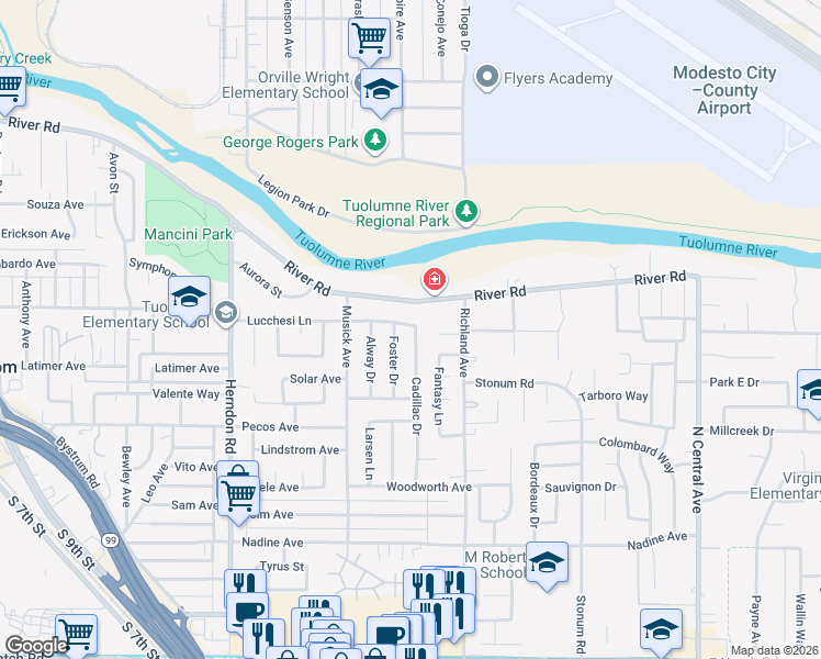 map of restaurants, bars, coffee shops, grocery stores, and more near 1533 Lucchesi Lane in Modesto