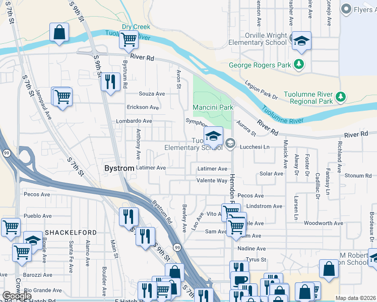 map of restaurants, bars, coffee shops, grocery stores, and more near 701 Avon Street in Modesto