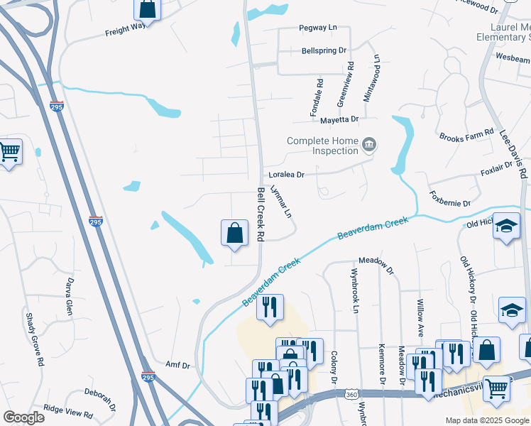 map of restaurants, bars, coffee shops, grocery stores, and more near 8058 Bell Creek Road in Mechanicsville