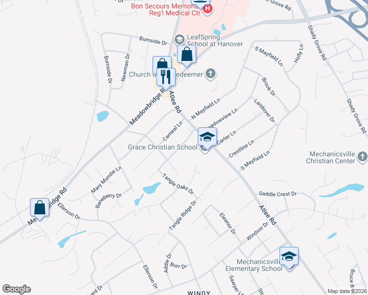 map of restaurants, bars, coffee shops, grocery stores, and more near 8259 State Route 1409 in Mechanicsville