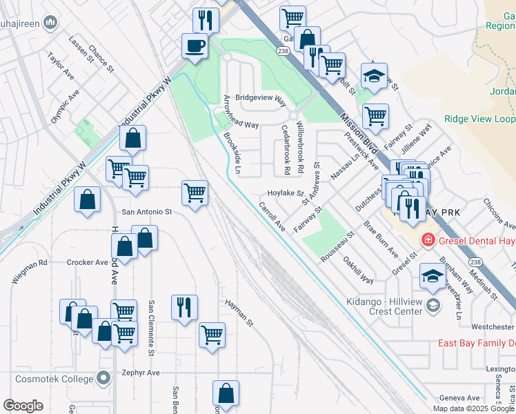 map of restaurants, bars, coffee shops, grocery stores, and more near 30487 Carroll Avenue in Hayward