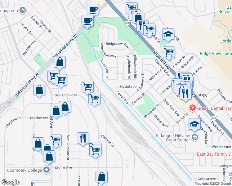 map of restaurants, bars, coffee shops, grocery stores, and more near 30487 Carroll Avenue in Hayward