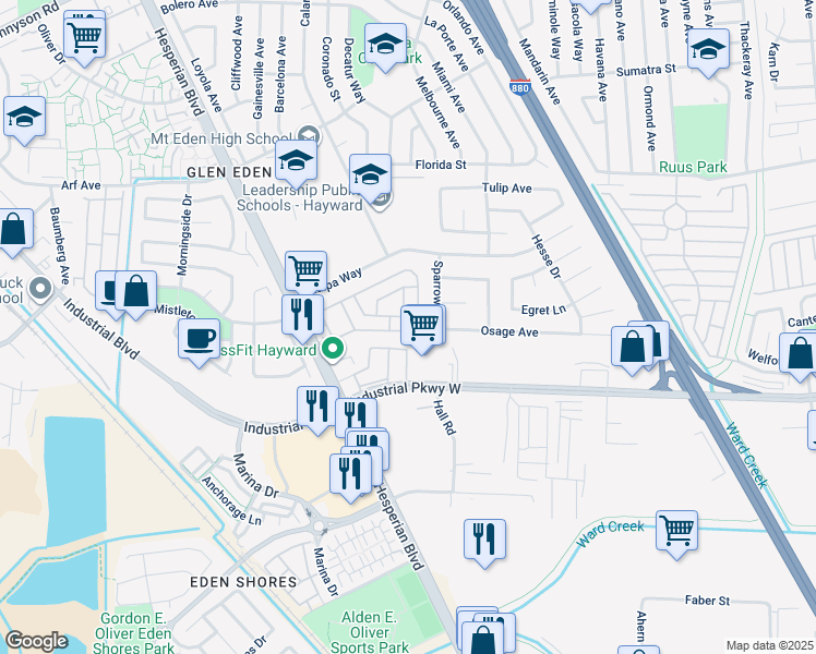 map of restaurants, bars, coffee shops, grocery stores, and more near 2187 Bourbon Drive in Hayward