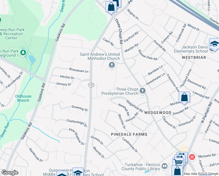 map of restaurants, bars, coffee shops, grocery stores, and more near 9706 Wildbriar Lane in Richmond