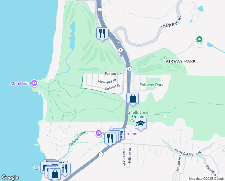 map of restaurants, bars, coffee shops, grocery stores, and more near 372 Seaside Drive in Pacifica