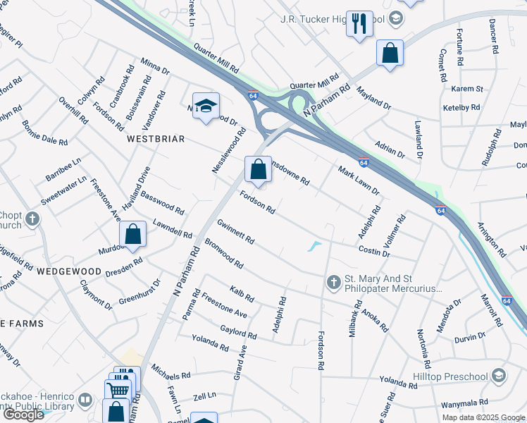 map of restaurants, bars, coffee shops, grocery stores, and more near 8519 Fordson Road in Henrico