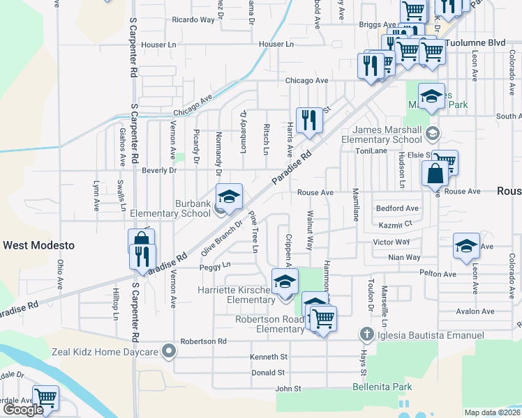 map of restaurants, bars, coffee shops, grocery stores, and more near 1945 Rouse Court in Modesto